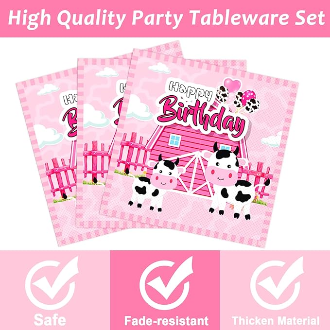 Wiooffen 96 Pcs Cow Birthday Party Supplies Cow Theme Birthday Tableware Set for Girls Pink Cow Print Themed Party Decorations Farm Animal Birthday Party Paper Plates Napkins Forks 24 Guests