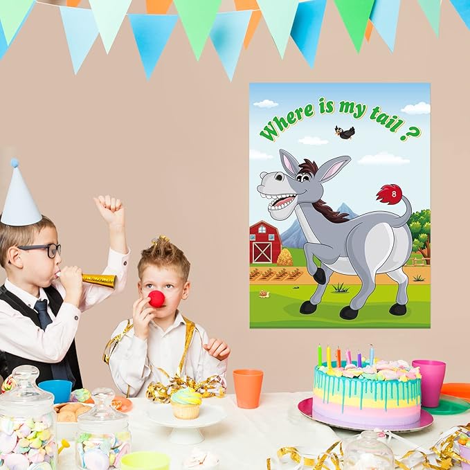 ASTARON Pin The Tail on The Donkey Game with 30 Tail Stickers for Birthday Party Carnival Circus Supplies