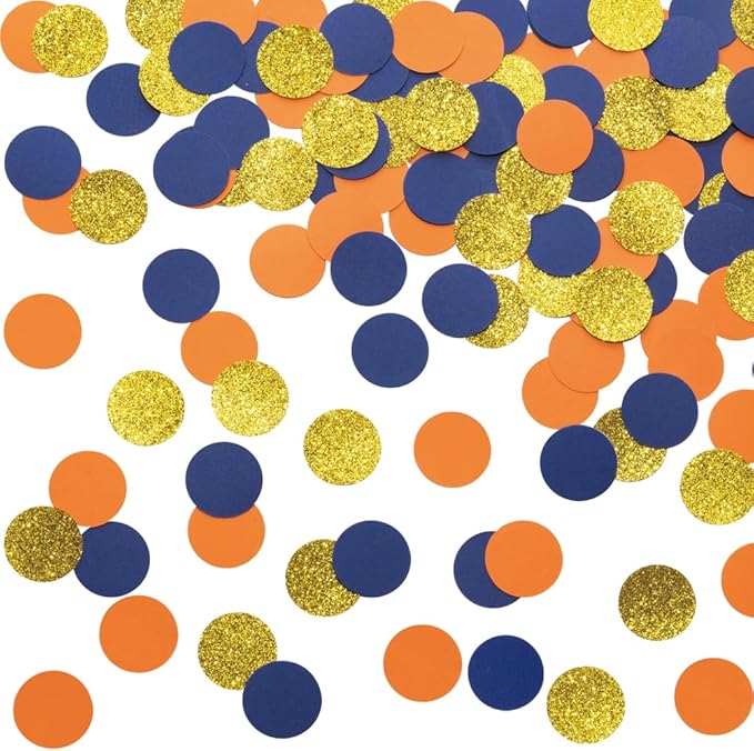 Gold Blue and Orange Confetti Table Decoration for Baby Shower Birthday Wedding Graduation Retirement Party, 1.2 inch in Diameter, 200 Counts