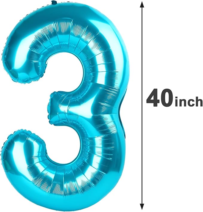 40 Inch Blue 3 Large Number Balloon, 3 13 23 30 33 36 Blue Birthday Party Decorations, Number Three Foil Balloons for Anniversary Party Graduations Celebration Supplies