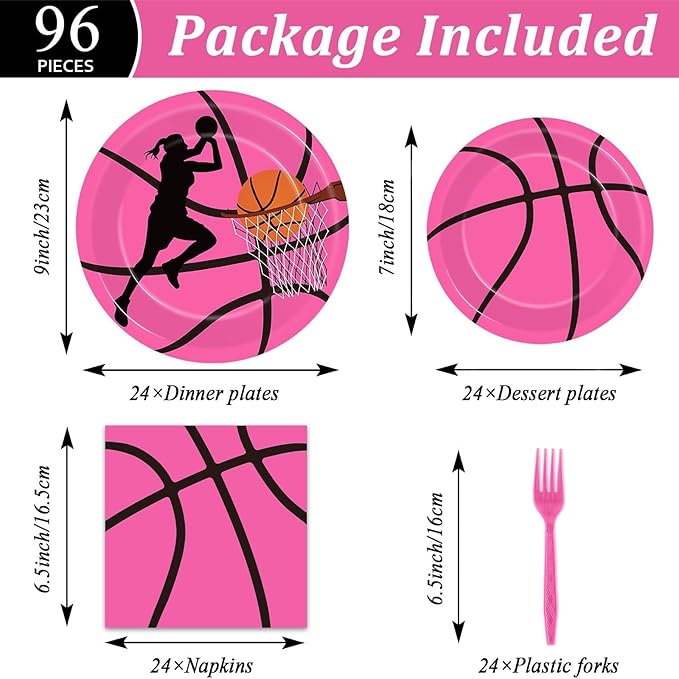 gisgfim 96 Pcs Pink Basketball Party Supplies Paper Plates Napkins Basketball Sport Theme Birthday Party Tableware Decorations Favors for Girls Kids Serves 24