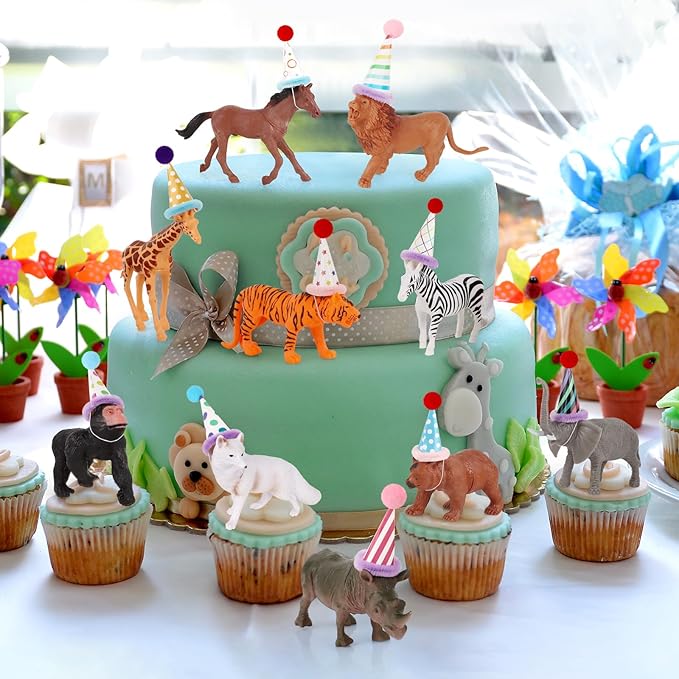 Hooqict 20 Pcs Jungle Animal Birthday Party Decorations Safari Animals Figures with Mini Birthday Hats Animal Cake Toppers for Kids Safari Cake Decorations Wild Zoo Themed Party Decorations