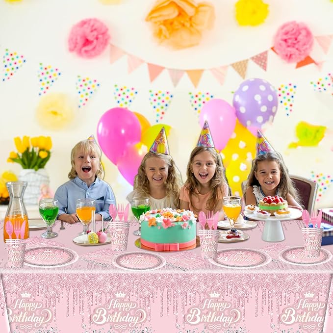 81Pcs Pink Diamond Party Tableware Set Sparkling Diamonds Party Decoration for Girls and Women Birthday Party Supplies (Pink)