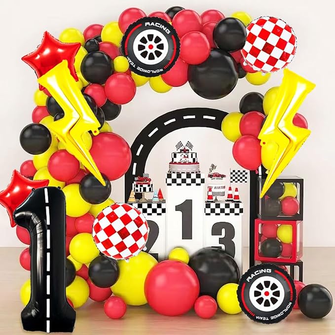 Cartoon Race Car Birthday Party Decorations Lightning Bolt Foil Balloons Race Car Balloons 40 Inch Racetrack Number 1 Balloon for 1st Cars Themed Party Decor Supplies