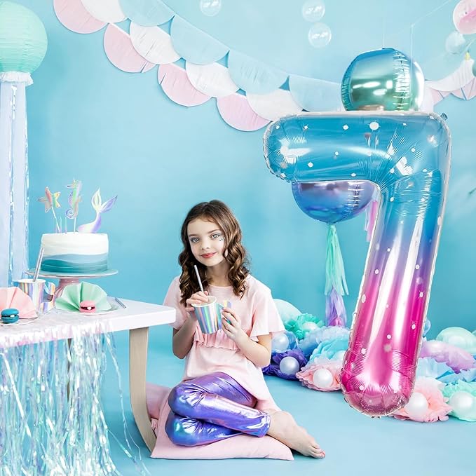 40 Inch Balloon Number 7 Mermaid, Large Mylar Foil Blue Pink Starry Number Seven Balloons Set for Girls Women, Rainbow Globos de Numero 7 Helium Balloons for Girls 7th Birthday Party Decorations