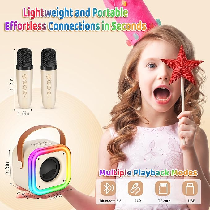 Mini Karaoke Machine for Kids, Girl Toys Gifts, Kids Karaoke Wireless Microphone for 4,5,6,7,8,9,10,11,12 Years Old Boys and Girls Christmas Party Gifts Toys (Beige)