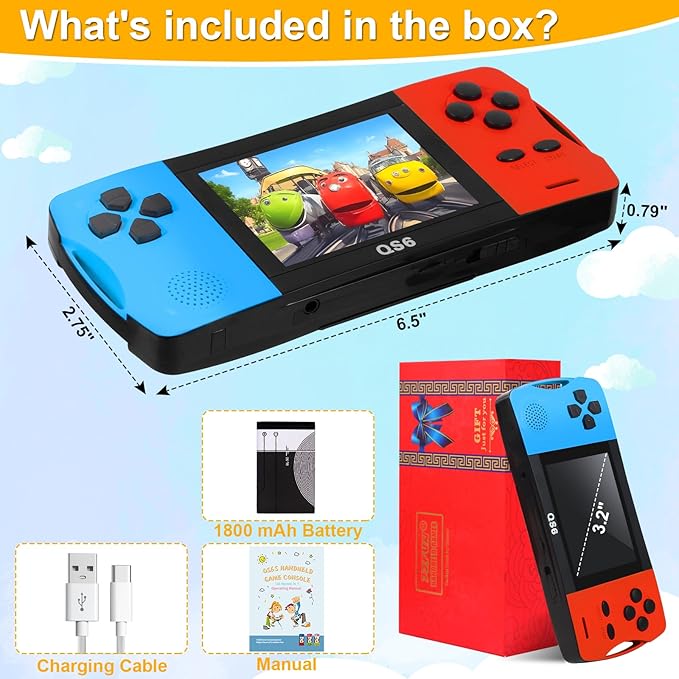 Handheld Games for Kids with Built-in 100+ Classic Retro Games, 3.2" IPS Screen Portable & Rechargeable Arcade Gaming Player,Travel Toys Birthday Gift for Boys Girls