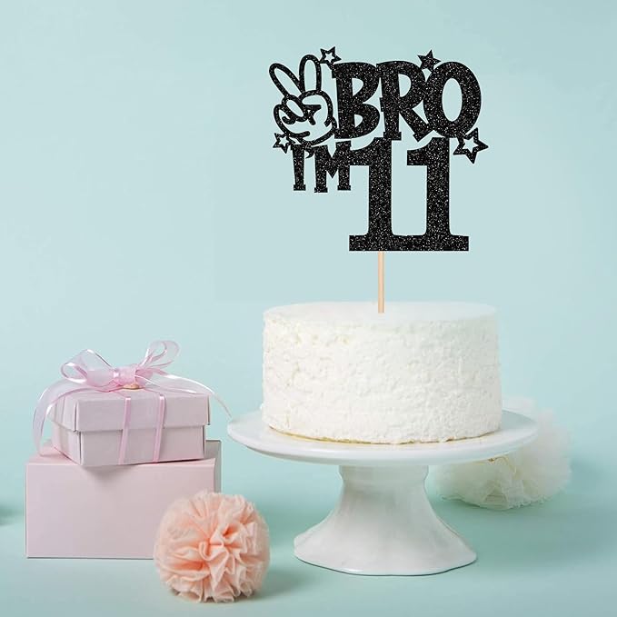 1 PCS Brother I'm 11 Cake Topper Glitter Star Happy 11th Birthday Cake Pick Bro I'm 11 Cake Decoration It's My 11th Birthday Decorations for Boys Cheers to 11 Years Old Birthday Party Supplies Black