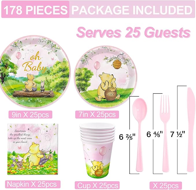 178pcs Pink Winnie Bear Baby Shower Pooh Party Supplies Decorations Oh Baby Plates and Napkins Tableware Set for Boys Girls Newborn Kids Cups Tablecloth Banner Birthday Decorations for 25 Guests
