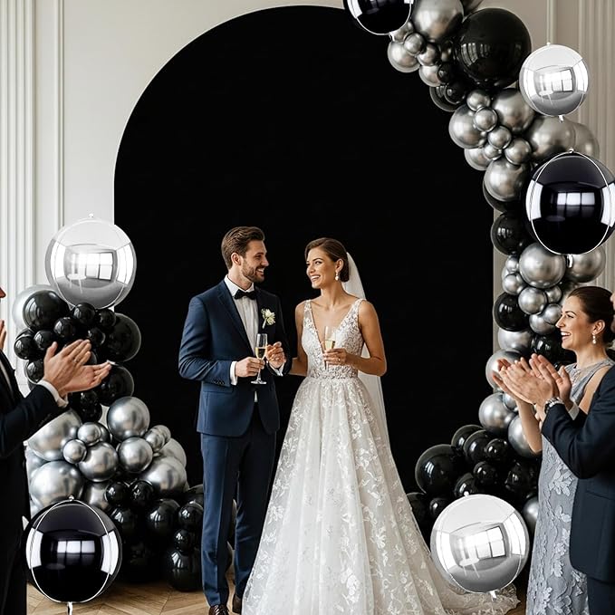 TONIFUL 16Pcs Large Black Silver 4D Giant Round Foil Balloon 4D Mirror Metallic Mylar Sephere Balloons for Christmas New Year Birthday Party Graduation Wedding Baby Shower Decoration Supp(Mix Sizes)