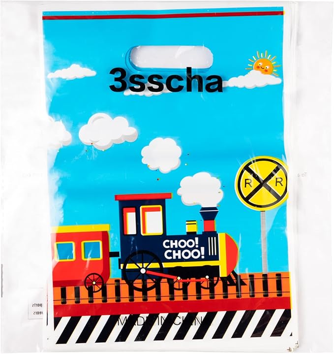 3sscha 50Pcs Train Party Favor Bags Transportation Themed Waterproof Goodie Bag with Die Cut Handles Railway Traffic Glossy Plastic Candy Gift Pack for Kids Birthday Baby Shower Decoration Supplies