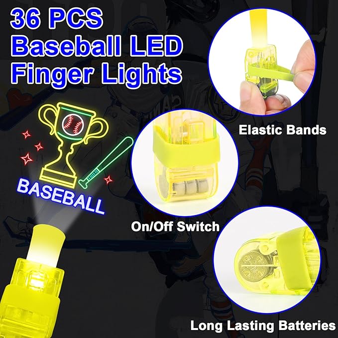 36Pcs Baseball LED Finger Lights Sport Party Favors Glow in the Dark Light Up Finger Lights Themed Toys Bulk for Birthday Party Goodie Bag Stuffer Birthday Gifts Classroom Prize