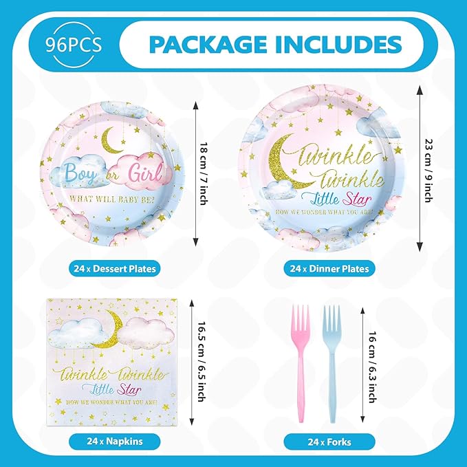 Grencian 96Pcs Twinkle Twinkle Little Star Gender Reveal Party Supplies Plates and Napkins Baby Shower Disposable Tableware for Baby Girls or Boys Gender Reveal Party Decorations Serve 24