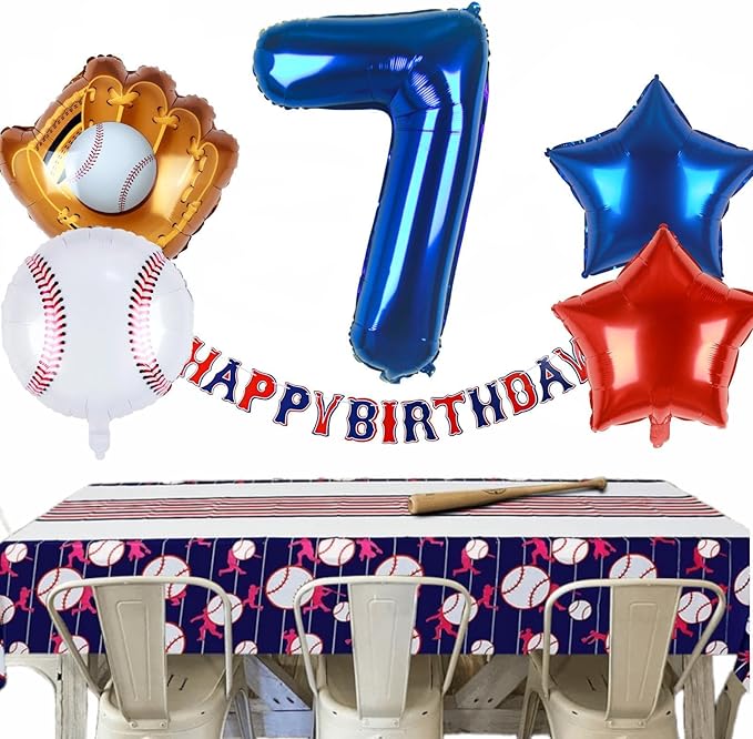 Baseball Balloons 7th Birthday Decorations for Boys | Baseball Birthday Decoration Sports Theme Party Supplies, 32Inch Foil Mylar Number 7 Balloon Navy Blue Red White Sports Balloon Arch Kits