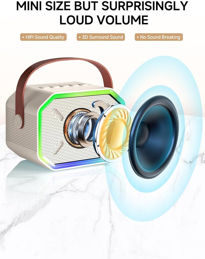 Karaoke Machine for Kids and Adults, Mini Portable Bluetooth Speaker with 2 Wireless Microphones, Led Lights for TV, Kids Gifts for Girls Boys Family Party Birthday (Beige)