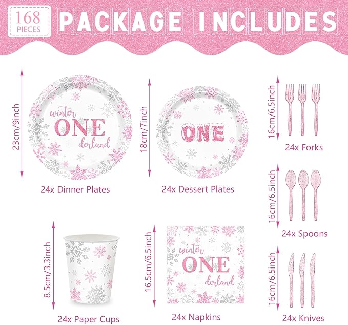 168pcs Winter Onederland Party Supplies Pink and Silver Snowflake Plates Napkins Disposable Tableware Set Paper Cups Winter Onederland 1st Birthday Party Supplies for Girls Birthday Decor Serves 24