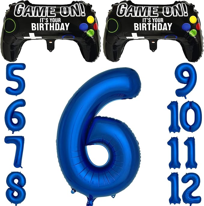 Navy Blue Video Game Party Supplies Boys 6th Birthday Party Decorations- 2 Packs Game On Balloons with Dark Blue Number 6 Balloon
