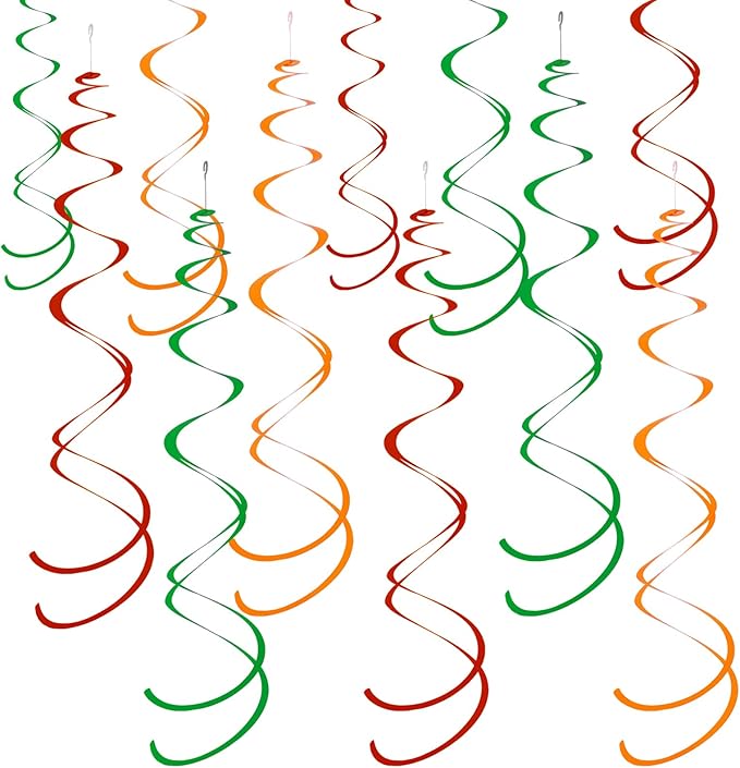 Colorful Ceiling Swirl Foil Decorations Hanging Plastic Streamer Themed Swirl Party for Christmas Graduation Celebration, Pack of 28 (Red, Green and Orange)