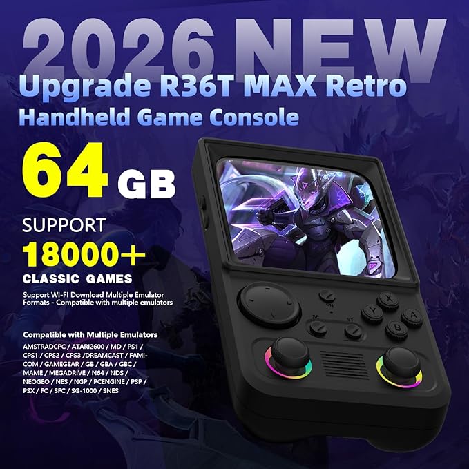 R36TMAX Retro Handheld Game Console, 4.0'' 720x720 IPS Screen, 64GB Supports 18000+ Classic Games, EmuELEC System Supports WiFi Networked Fighting and OTG, 4000mAh, with Portable Case(White 64GB)