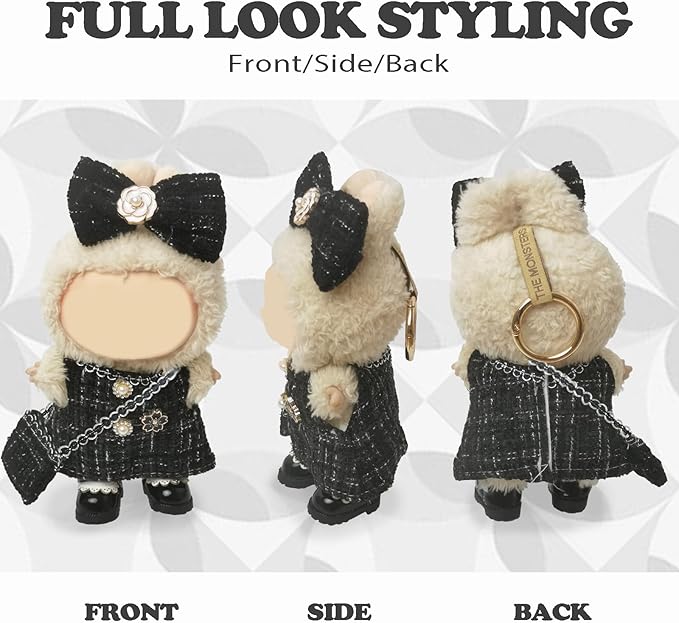 Clothes Compatible with LABUBU Doll – 4PCS Black Tweed Dress Set, 17cm Doll Clothes Designer Outfit for Classic Dinner Party Theme, Stylish Accessories for Labubu, No Doll (Midnight Tweed Charm)