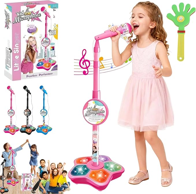 The All-in-One Microphone Toy, Kids Microphone with Stand, Adjustable Stand, Speaker & LED Lights, Funny Karaoke Microphones Toy for Singing, Boys & Girls (Pink)