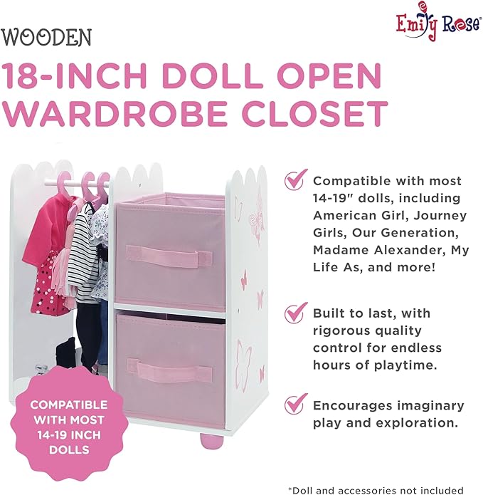 Emily Rose 18" Doll Open Wardrobe Closet - Butterfly Collection Storage Closet with 5 Hangers & 2 Large Fabric Bins | American Girl Compatible | USA Brand