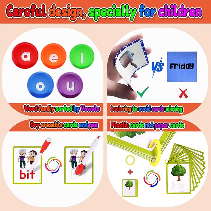 CVC Word Games, Sensory Toy to Learn and Spell, Phonics Games Flash Cards for Preschool Kindergarten Classroom Supplies, Multisensory Reading and Phonics Flash Cards for Kids 3+ Years