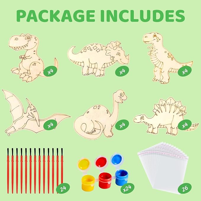 GOGREENWOVEN 24 Pack Dinosaur Party Favors for Kids - DIY Dinosaur Wood Painting Craft Kit with Thank You Cards - Dino Birthday Goodie Bag Fillers & Art Supplies for Boys and Girls