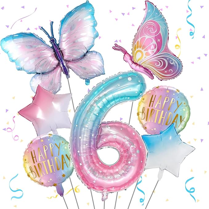 Butterfly Balloons - 6th Birthday Decorations for Girls, Gradient Pink Colorful Foil Balloons, Giant Number 6 Mylar Balloon, Butterfly Theme Party Supplies