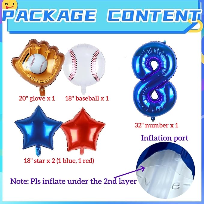 Baseball Balloons 8th Birthday Decorations for Boys | Baseball Birthday Decoration Sports Theme Party Supplies, 32Inch Foil Mylar Number 8 Balloon Navy Blue Red White Sports Balloon Arch Kits