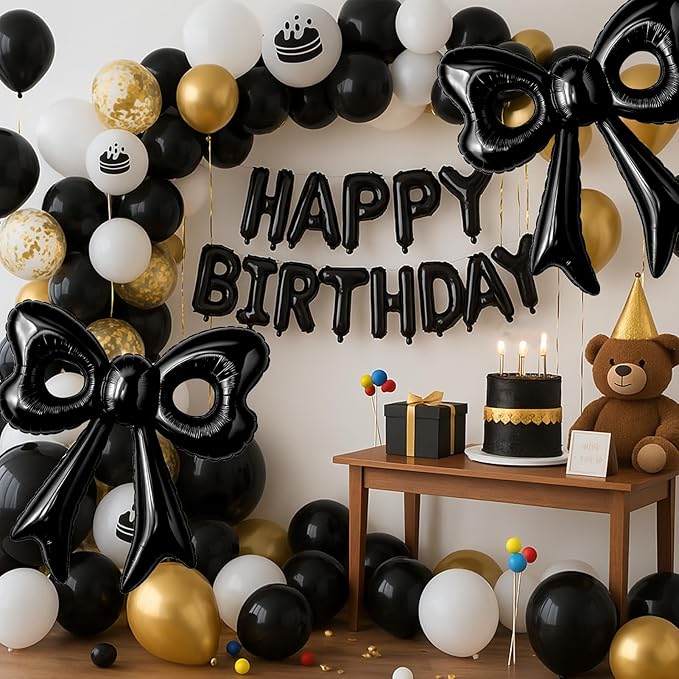 4 Pcs Black Bow Balloons, 31”Huge Bow Aluminum Foil Balloons for Girl Women Birthday, Baby Shower, Wedding, Bridal, Engagement, Bachelorette Party Decorations Supplies