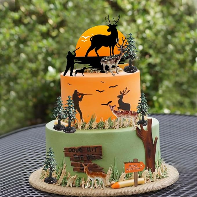 13PCS Deer Hunting Cake Topper Deer Hunter Cake Decoration Set Deer Tree Green Camo Hunting Birthday Decorations for Camo Camping Hunting Birthday Baby Shower Party Supplies
