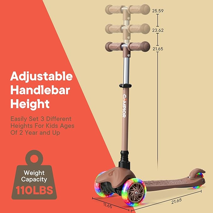 Brown Mini 3 Wheel Scooter for Kids – Lean-to-Steer with LED Light-Up Wheels, Adjustable Handlebar, Wide Anti-Slip Deck, Smooth PU Wheels, Rear Foot Brake – Toddler Scooter for Ages 2+