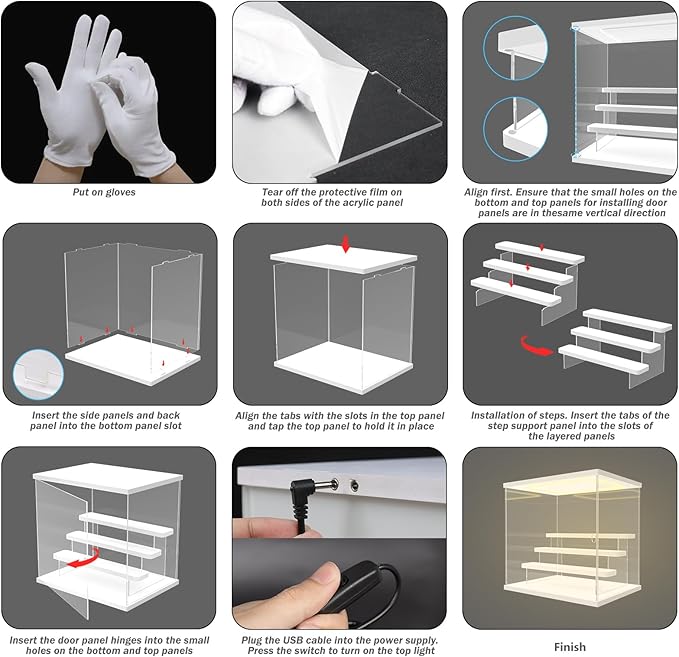 Nynelly Acrylic Lighted Display Case for Collectibles, 4 Tier Figure Display Box with Door and Steps, Assemble Dustproof LED Showcase Storage Box for Mini Figures, Funko Pop, Toys, White