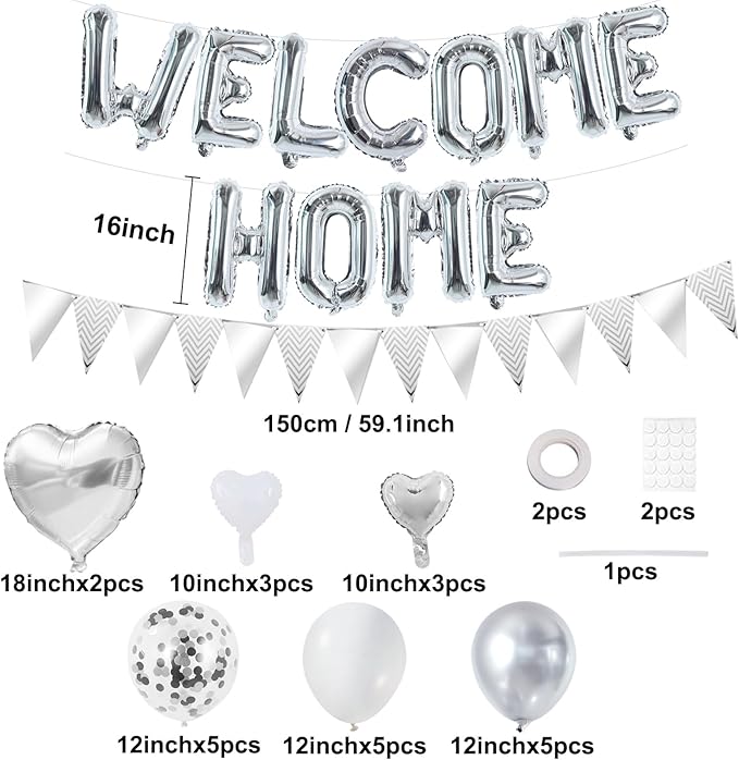 TONIFUL Welcome Home Decorations,16 Inch Silver Welcome Home Foil Balloon Banner Silver Confetti Balloons Pennant Flag Bunting for Homecoming Party House Warming Party Family Gathering Supplies