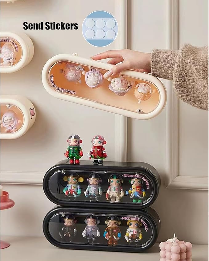 2 Pack Clear Display Case for Figures, Wall Mounted or Desktop Display Box Stand with Magnetic Door, Dustproof Storage Box Organizer for Action Figures Pop Mart