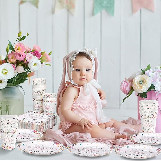 Hushee 200 Pcs Baby in Bloom Baby Shower Paper Plates Napkins Cups Wildflower Party Supplies Tableware Set a Little Wildflower Is on The Way Disposable Plates for 50 Guest Spring Summer Party Decor