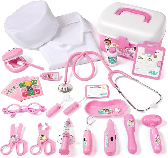 Durable Doctor Kit for Kids, 27 Pcs Deluxe Pretend Play Set Medical Toy with Real Stethoscope for Toddlers Boys Girls Birthday Gift Aged 3 4 5 6 7 8(Pink)