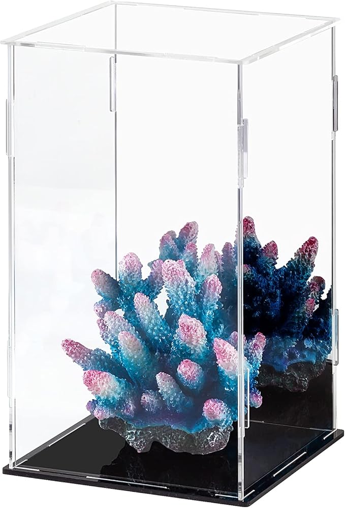 Acrylic Display Case Clear Display Box with Mirror Countertop Cube for Collectibles, Action Figures, Miniature Figurines Dustproof Protection Storage & Organizing (Black, 5.9x5.9x9.8in)