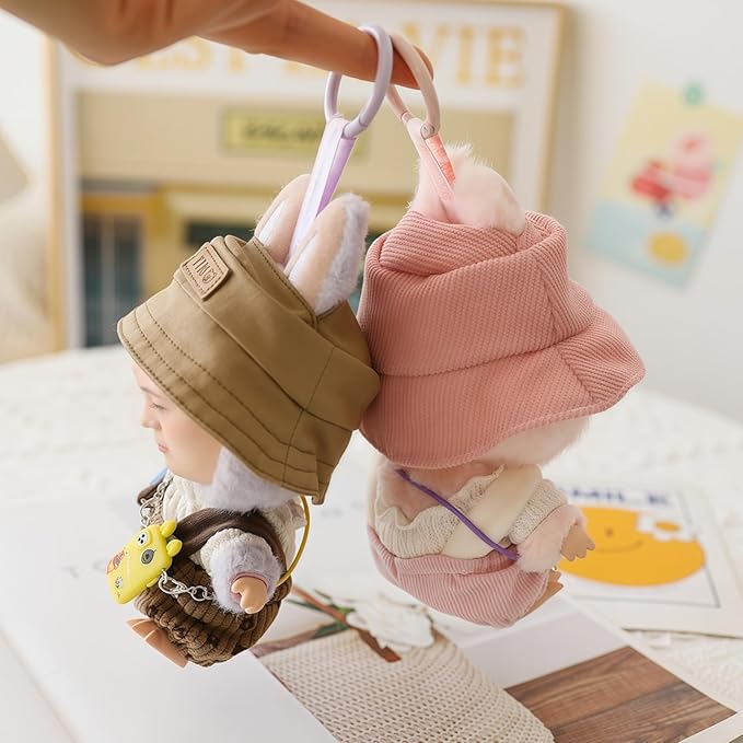 Clothes for Lu bubu 17cm Dolls Accessories(No Doll), Cute Outfit Set 3 Pieces Bib Pants Suitable for 17cm Doll Suit, Stylish Dress Up Overalls Doll Clothing Set Replacement with Hat Clothes Brown