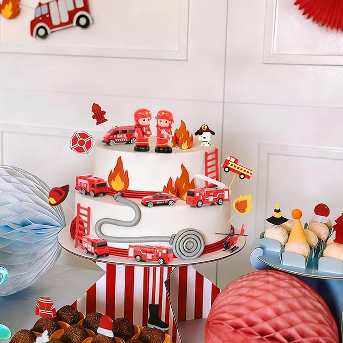 Hooqict 17 Pieces Fire Truck Cake Decorations Set with Mini Firetruck Firefighter Fire Engine Birthday Cake Toppers & Cupcake Toppers for Fireman Fire Truck Birthday Party Decorations Supplies
