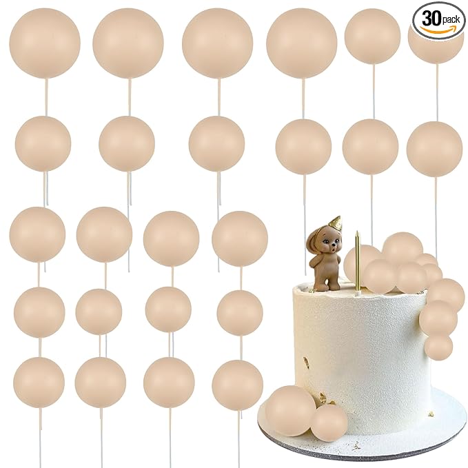 Gyufise 30Pcs Ball Cupcake Toppers Balls Cake Toppes Foam Balls Picks DIY Mini Balloon Cake Topper for Baby Shower Birthday Favor Wedding Anniversary Party Cake Decorations Supplies Khaki