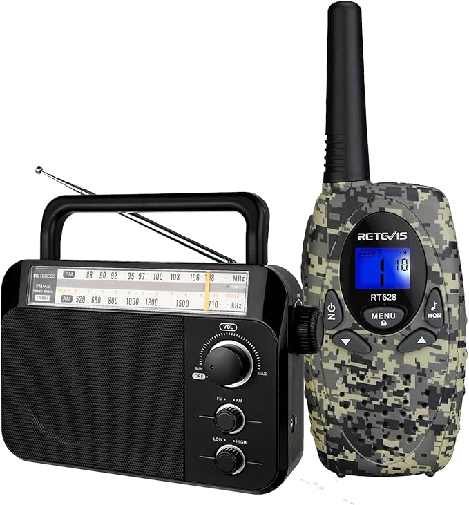 Retevis RT628 Kids Walkie Talkies, Army Toys for 5-13 Year Old Boys Girls, FRS Walkie Talkie, TR604 AM FM Radio, Battery Operated Portable, Plug in Wall, for Senior