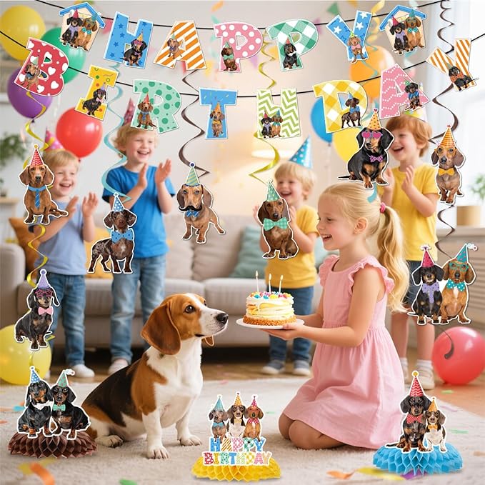 Dachshund Dog Birthday Decorations Include Happy Birthday Banners Dachshund Hanging Swirls Honeycomb Centerpiece Puppy Pet Dog Birthday Theme Party Supplies