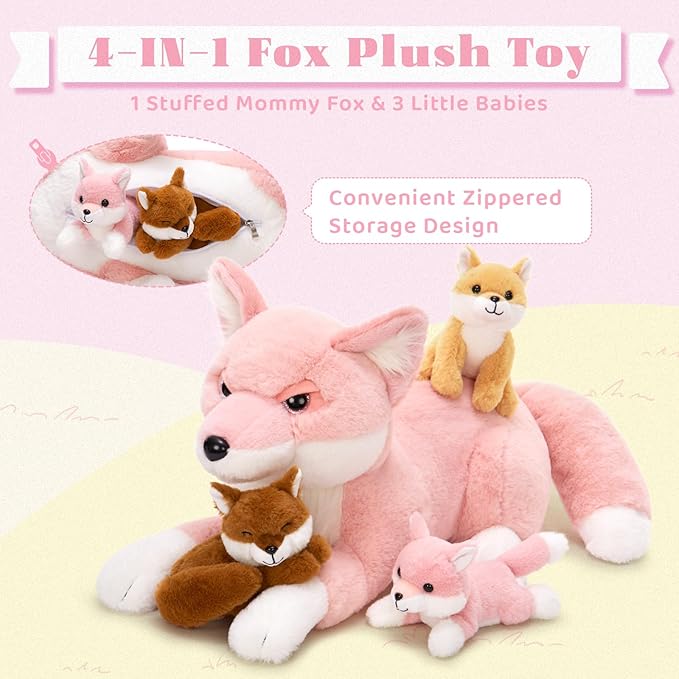 4Pcs Fox Stuffed Animal Set, Large Mommy Pink Fox Plush 22 Inch with 3 Baby Foxes in Her Zippered Tummy, Stuffed Fox Plushie Toy for Girls and Kids