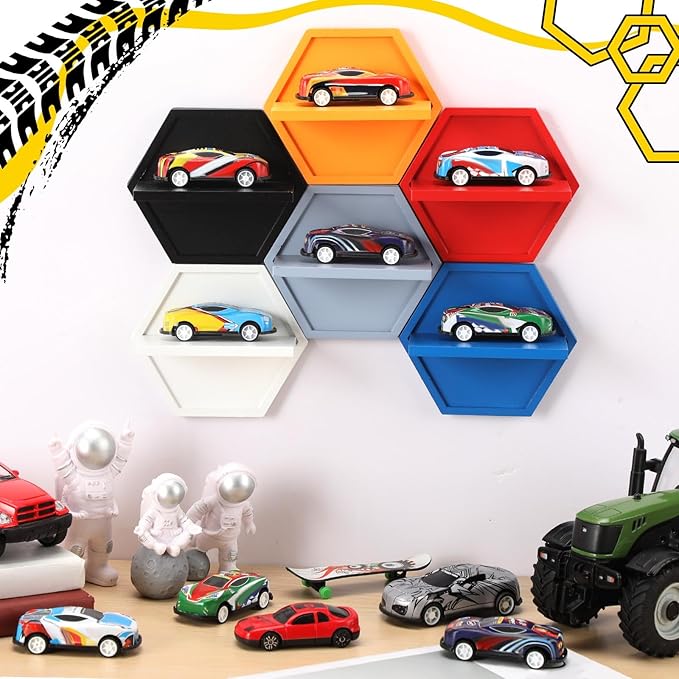 Thyle 18 Pcs Wood Toy Cars Wall Display Hexagon Floating Shelves Compatible with Hot Wheels 1/64 Scale Model Cars Storage Organizer Wall Mount Display Cabinet Case Holds up to 18 Diecast Car