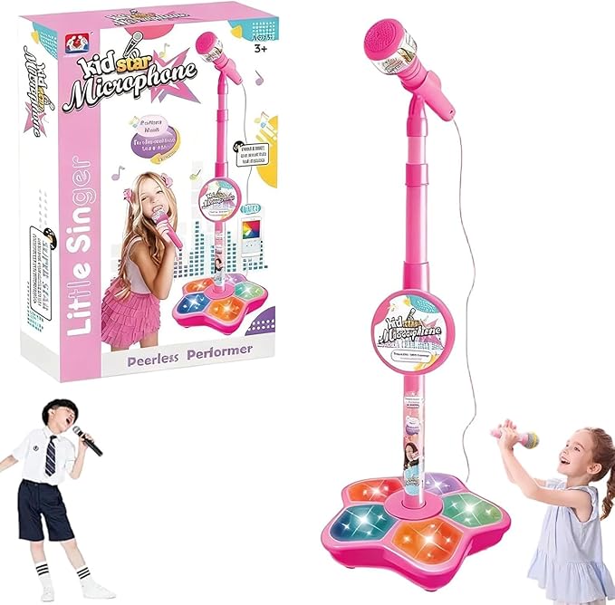 Kids Microphone and Stand, Stand Up Microphone Kids, Childrens Karaoke Machine with Lights, Kids Karaoke Machines for Girls, Girls Party Pastime, Sing Musical Toy with Flashing Stage Lights (Pink)