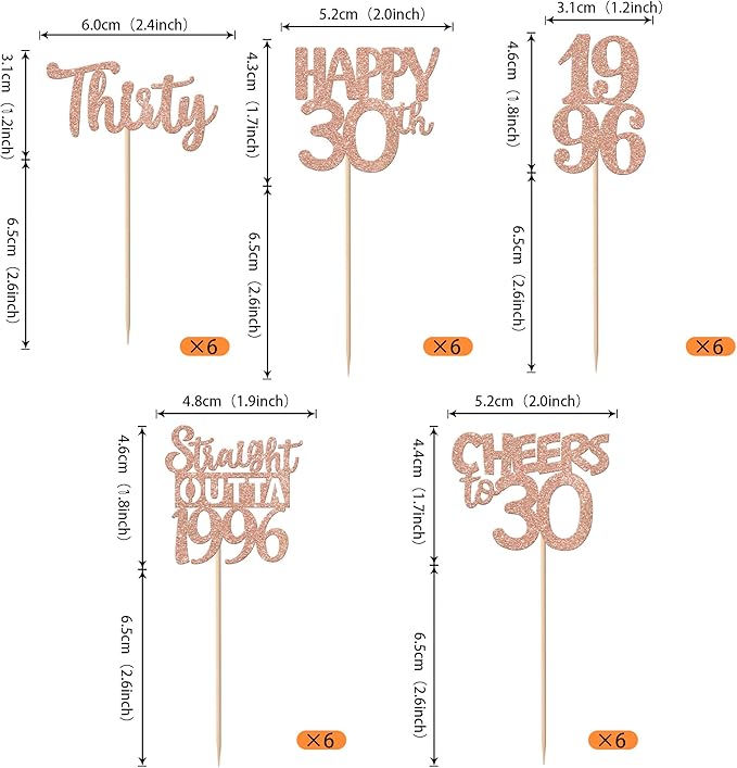 30PCS 30th Birthday Cupcake Toppers Glitter Thirty Happy 30 Straight Outta 1996 Cupcake Picks for Cheers to 30 Years 30th Birthday Wedding Anniversary Party Decoration Supplies Rose Gold