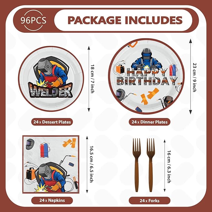 96 Pcs Electric Welding Birthday Party Decorations Welder Happy Birthday Plates and Napkins Disposable Electrician Theme Tableware for Welding Workers Repairman Party Supplies Serves 24