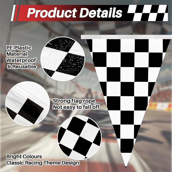 98 Feet Black and White Checkered Flag Banner - Checkered Pennant Banner Racing Flag for Nascar Race Car Themed Birthday Party Decorations Supplies